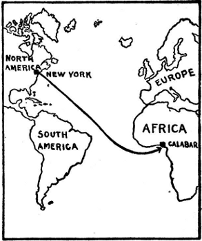 World map showing route from New York to Calabar