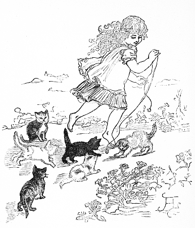 "Rosy Chapman running among the Verbena beds, and half a dozen kittens
racing after her."&mdash;Page 37.