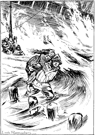 Kees Sparling draagt Frulein Theile door de branding.