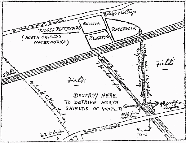 MAP OF THE NORTH SHIELDS RESERVOIRS, AND HOW TO CUT OFF THE
WATER SUPPLY, PREPARED BY THE SPY JOHN BARKER.
