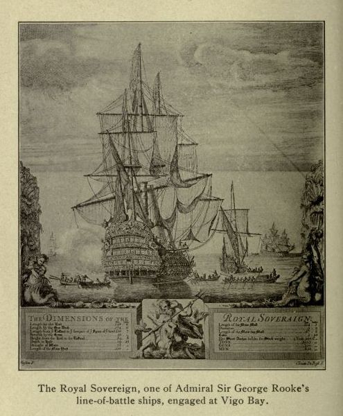 The Royal Sovereign, one of Admiral Sir George Rooke's line-of-battle ships, engaged at Vigo Bay.