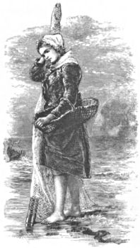 The fisher girl stands on a beach holding a basket