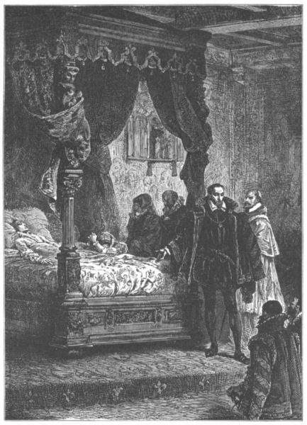 Mary and courtiers surround Francis' bed