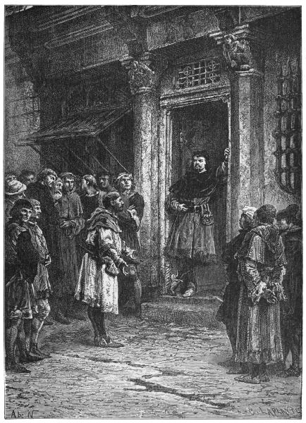Van Artevelde stands in his doorway listening to the burghers' plea