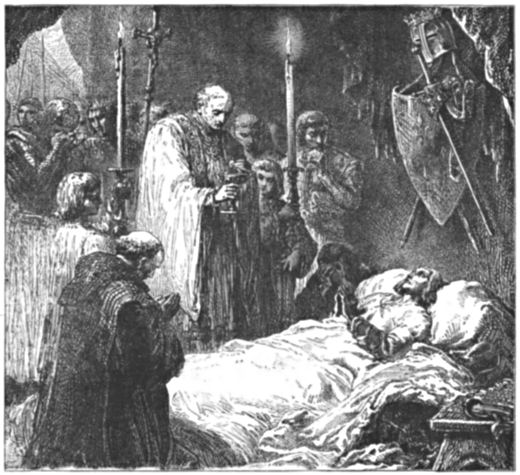St. Louis prays in his bed, surrounded by clerics and attendants