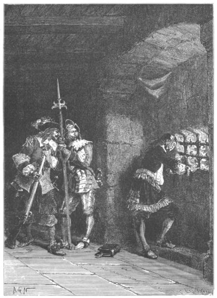 The prisoner looks out of a barred window, watched by two guards