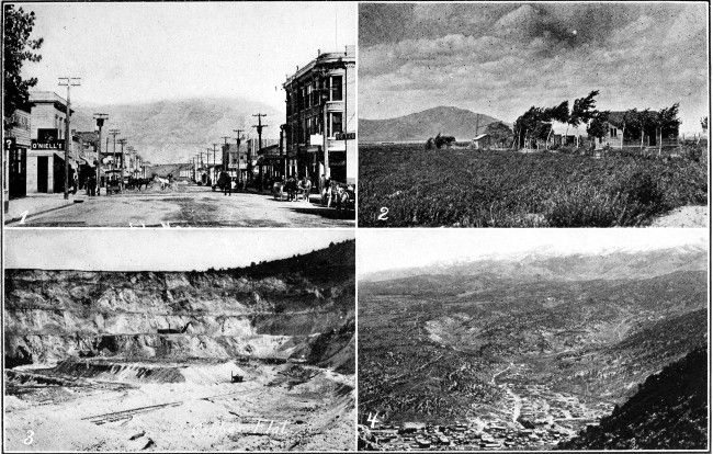 1. Ely, Nevada. 2. Homesteader's Ranch near Lahontan Dam.
3. Copper Mine at Ely. 4. Ely, Nev.