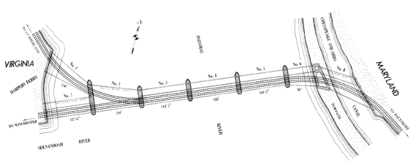 Figure 6.—Plan of Harpers Ferry bridge as built by
Latrobe. The second Winchester track was later removed.