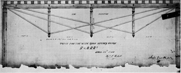 Figure 4.—Simple beam of 50-foot span with three
independent trussing systems. Bollman’s use of this method of support
led to the development of his bridge truss. This drawing is of a
temporary span used after the timber bridge at Harpers Ferry was
destroyed during the Civil War. (In Baltimore and Ohio Collection,
 Museum of History and Technology.)