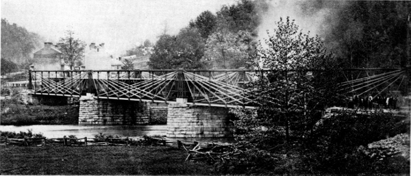 Figure 9.—Bollman skew bridge at Elysville (now
Daniels), Maryland, built in 1853-1854. (Photo courtesy of Maryland
Historical Society.)