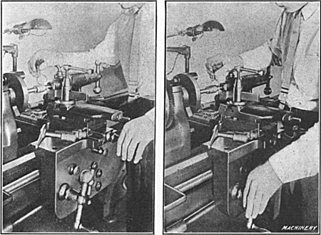 Views showing how the Cross-slide and Carriage are Manipulated by Hand when Starting a Cut