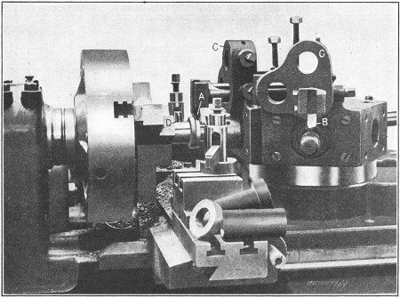 Front View of Machine set up for the Finishing Operation on the Recessed Bushing and Collar shown in the Foreground and in Fig. 35