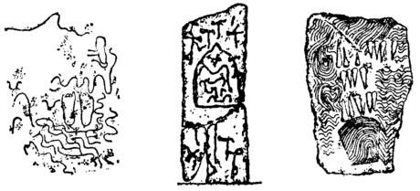 Stones from Brittany sculptured with Footprints, Axes, “Finger-markings,” &c.