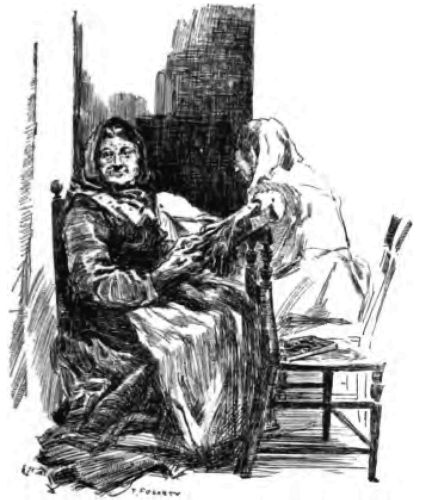 TWO BENT, WRINKLED WOMEN WEAVING LACE OUTSIDE THE DOOR