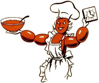Beaming cranberry chef holding a bowl of sauce and a clock