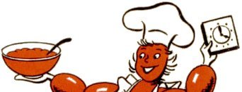 Beaming cranberry chef holding a bowl of sauce and a clock