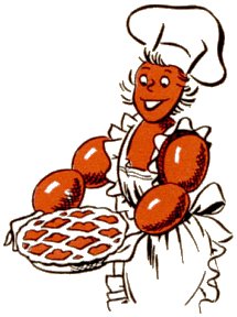 Beaming cranberry chef holding a cranberry pie with lattice-work top