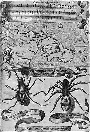 Some early medical entomology. Athanasius Kircher's illustration of the Italian tarantula
and the music prescribed as an antidote for the poison of its bite. (1643).