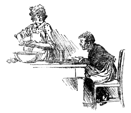 William sitting at the table, talking to the housemaid.