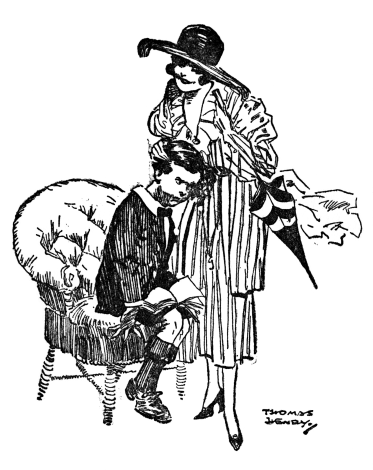 Mrs. de Vere Carter, wearing a very large hat, hugging William.