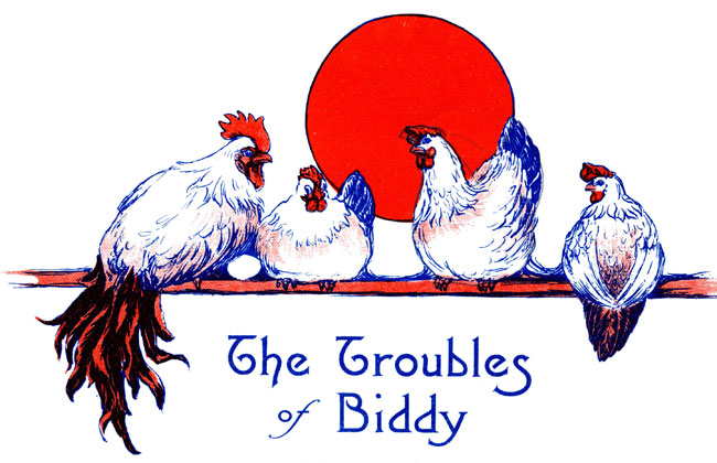 The Troubles of Biddy {Four hens sitting together.}