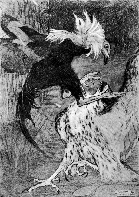 Leaping upwards and striking downwards with his
destroying heels.