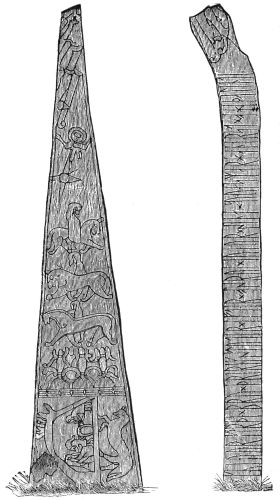 RUNIC STONE FROM GRAN IN HADELAND. THE INSCRIPTION READS
IN TRANSLATION: "GUNVOR, DAUGHTER OF THIRIK, MADE A
BRIDGE IN MEMORY OF AASTRID, HER DAUGHTER. SHE WAS
THE FAIREST MAIDEN IN HADELAND." PROF. BUGGE READS:
"THE MOST SKILLFUL MAIDEN WITH HER HANDS."