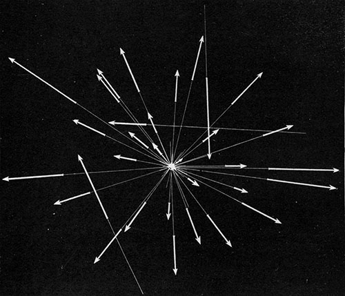 Fig. 113.—The radiant of a meteoric shower, showing also the paths of three meteors
which do not belong to this shower.—Denning.