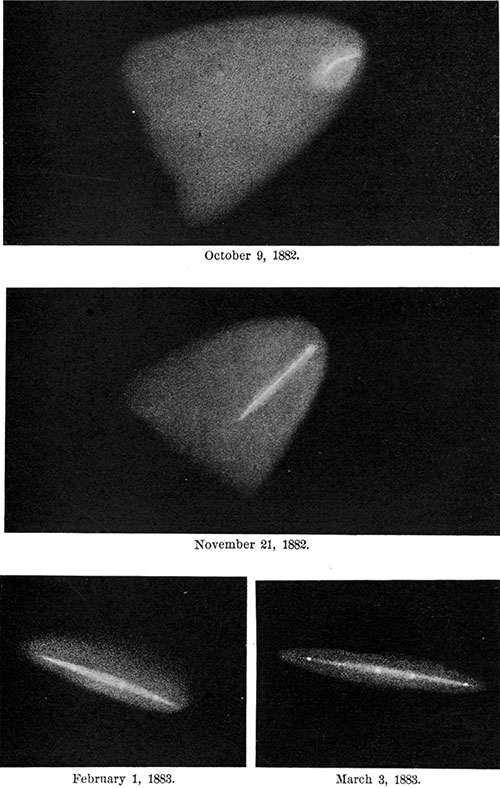 October 9, 1882.

November 21, 1882.

February 1, 1883.

March 3, 1883.

Fig. 119.—The head of the Great Comet of 1882.—Winlock.