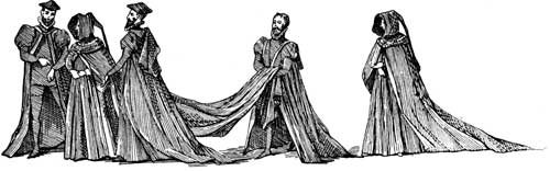 COSTUMES WORN BY KING PHILIP II. OF SPAIN AND HIS
ATTENDANTS AT THE FUNERAL PROCESSION OF HIS FATHER.