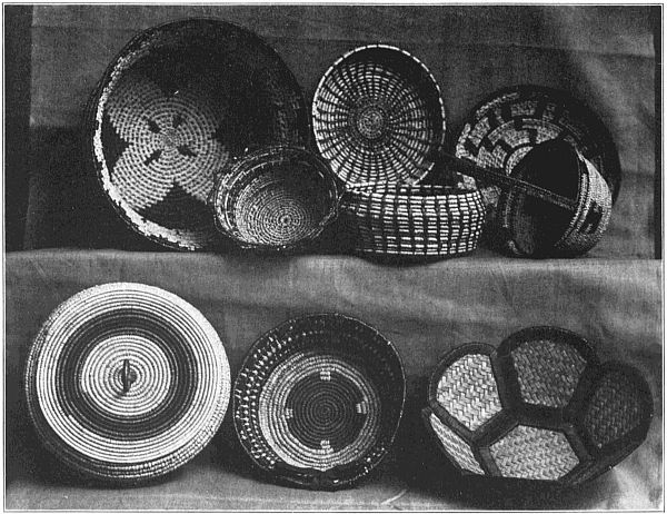 GROUP OF BASKETS SHOWING VARIETY IN SIZE, SHAPE AND DESIGN.