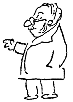 Sketch of a bespectacled man pointing.