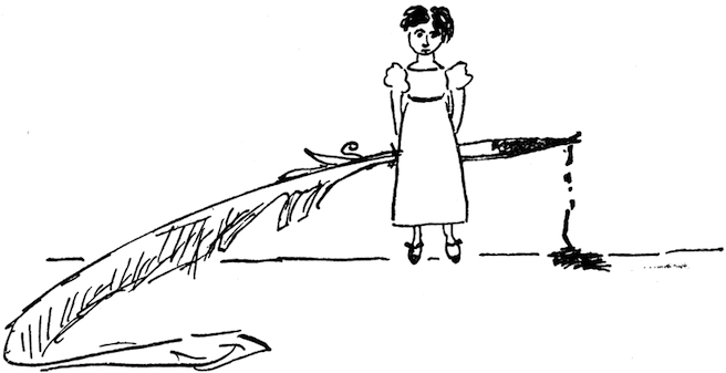 A young woman holding a huge, ink-dripping feather pen behind her back.