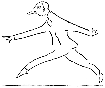 An elongated young man walking carefully with toes pointed.