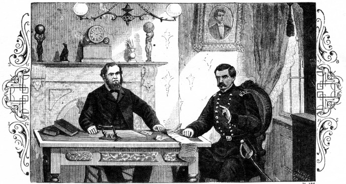 Frontispiece. P. 158.

Allan Pinkerton and General McClellan in Private Consultation.