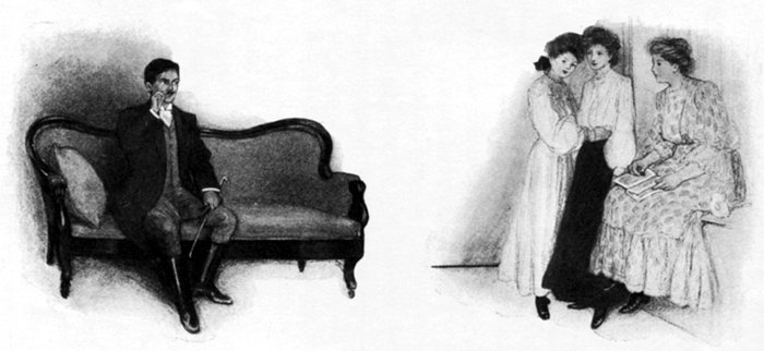 "... curled his mustache airily, and allowed
his glance to rove boldly over the display
of youthful femininity"