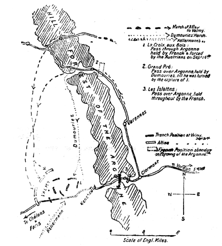 Sketch Map, showing the turning of the positions on the
Argonne and the Cannonade at Valmy, September 1792.