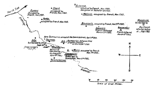 Sketch Map of towns occupied by French in 1792 and
evacuated in March 1793, with sites of battles of Jemappes and of
Neerwinden, and of Dumouriez' treason.