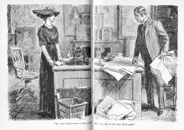 "She came about noon&mdash;a pale young girl, very slim in her
limp black gown."