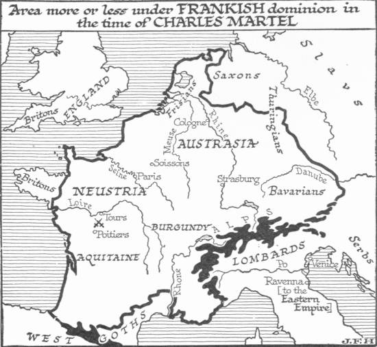 Map: Area more or less under Frankish dominion in the time of
 Charles Martel