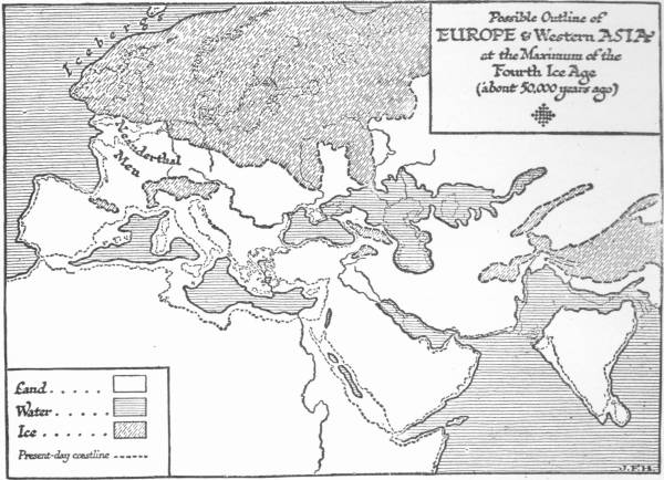 Map: Possible Outline of Europe and Western Asia at the Maximum
 of the Fourth Ice Age (about 50,000 years ago)