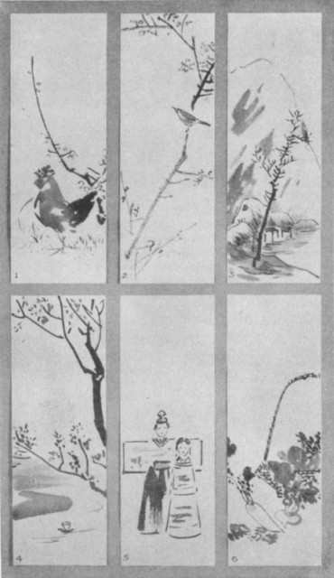 Chickens and the Plum Tree (1). Plum and Song Bird (2). Last of the Snow (3). Peach Blossoms (4). Paper Dolls (5). Nana Kusa (6). Plate LVII.