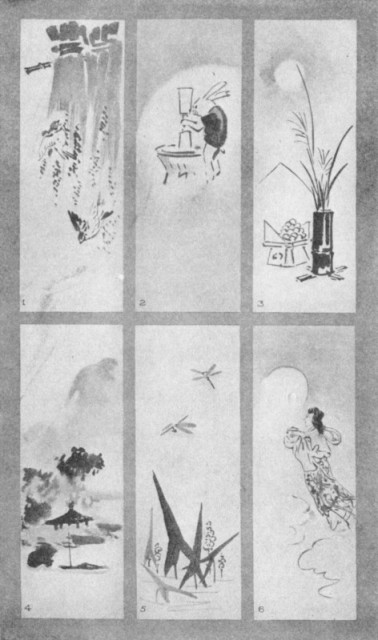 Stacked Rice and Sparrows (1). Rabbit in the Moon (2). Megetsu (3). Mist Showers (4). Water Grasses (5). Joga (6). Plate LX.