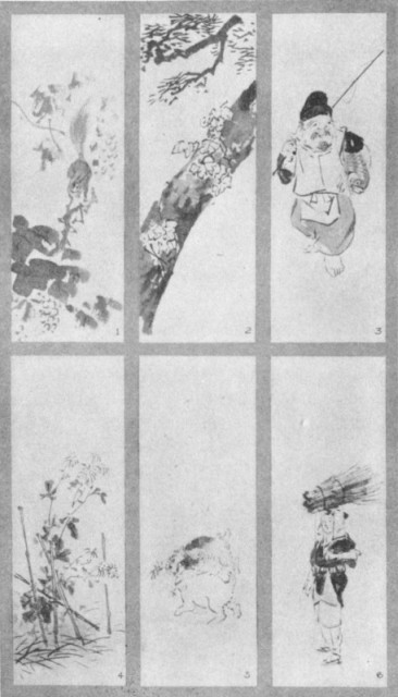 Squirrel and Grapes (1). Kayenu Matsu (2). Evesco or Ebisu (3). Zan Kiku (4). First Snow (5). Oharame (6). Plate LXII.