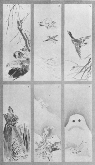 Mandarin Ducks (1). Chi Dori (2). Duck Flying (3). Snow Shelter (4). Snow Scene (5). Snow Daruma (6). Plate LXIII.