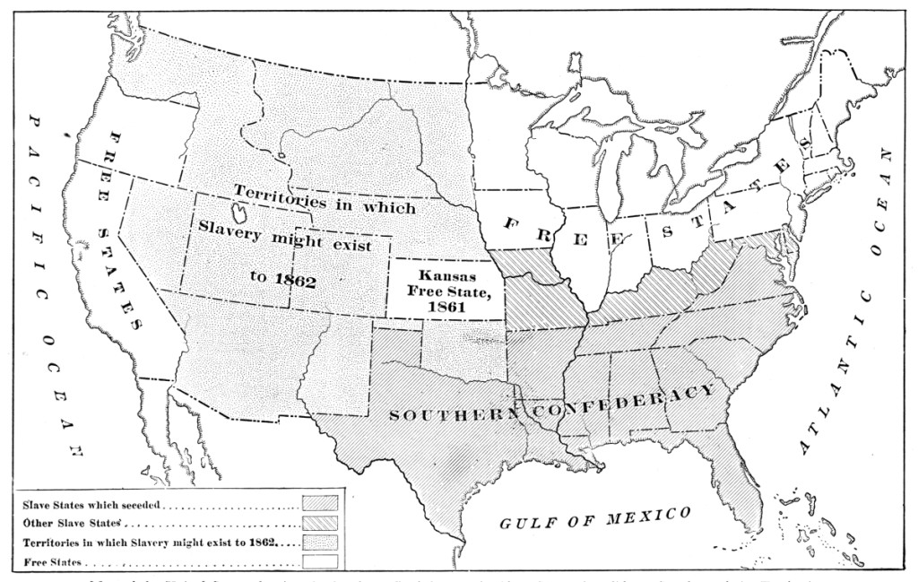 Map of the United States showing the Southern Confederacy, the Slave States that did not Secede, and the Territories.