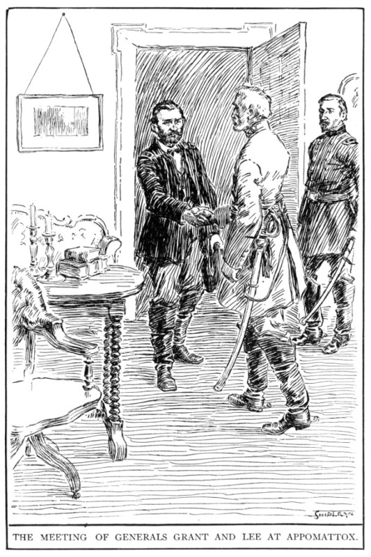 THE MEETING OF GENERALS GRANT AND LEE AT APPOMATTOX.