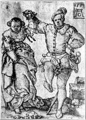 Dansend paar (16e eeuw).—Naar H. Aldegrever.