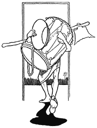 Man carrying axe, drum, bowl, and diamond through door opening.
