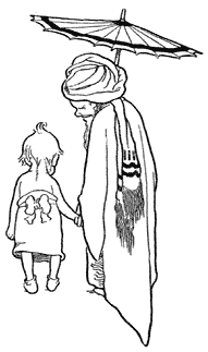 Old man with umbrella holding hands with boy.